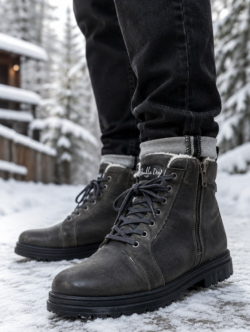 Bulle Dry Gray Leather Fur Lined Winter Boots Men's EU 41 Lace Up Snow Boots
